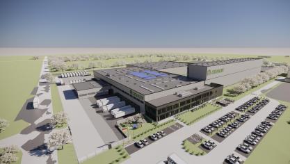 Simulatie van hoe het nieuwe logistieke en onderdelencentrum van Krone er zal uitzien.