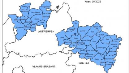 Gemeenten met het hoogste risico op schade door de wolf in Vlaanderen.