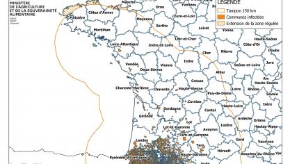 Verspreidingsgebied van EHD in Frankrijk. De oranje lijn is de grens van de beschermingszone.