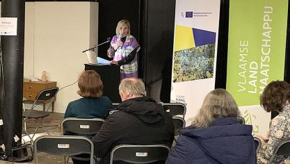 Vlaams minister van Plattelandsbeleid Hilde Crevits tijdens de Leader-dag in Deinze op 22 november.