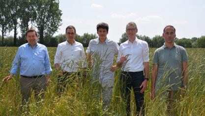 V.l.n.r.: De Vlaamse cd&amp;v-parlementsleden Bart Dochy en Stijn De Roo, biolandbouwer Félix de Bousies en Joris Relaes en Koen Willekens (beiden van ILVO) op een tarweproefveld in Hansbeke.