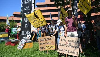 Leden van de landbouwvakbond Confederation Paysanne tijdens een protestdemonstratie tegen de wet-Duplomb in het Zuid-Franse Pau.