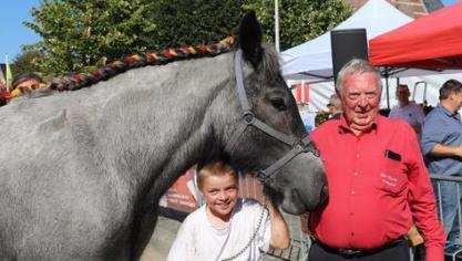 Etienne bij de uitreiking van de medaille aan een van de jongste fokkers, die zijn lievelingspaard voorgesteld had tijdens de prijskamp van Vosselare 2025