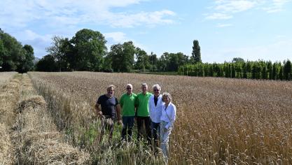 Een deel van de ploeg achter Het Traagste Brood, met vanaf links landbouwer René Busschots, de helpers Fons Van Uyttendaele en Stfan Verschoren en Marc Van Eeckhout en Lutgart Lyen.