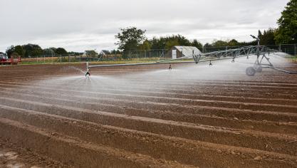 Op het groenteplatform vonden demonstraties rond opkomstirrigatie plaats, onder meer met deze klassieke beregeningsboom.