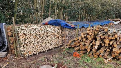 Stapel brandhout op een verhoogde ondergrond, zodat het hout niet in contact komt met de natte bodem.