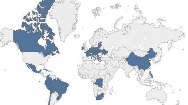 Voorkomen van de Piétrain over de wereld. Donkerblauw gekleurde landen,  zijn landen waar Piétrains geregistreerd staan bij de FAO.