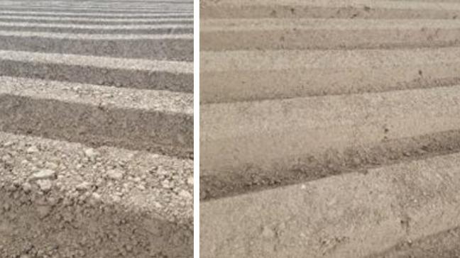 Toestand van de ruggen voor wortelteelt op 3 mei 2019. Het perceel werd op 6 en 11 april oppervlakkig bewerkt met Treffler. Op 20 april werd kerend (foto links) versus niet-kerend (met Neolab) (foto rechts) bewerkt, waarna gerotoregd en de ruggen getrokken werden.