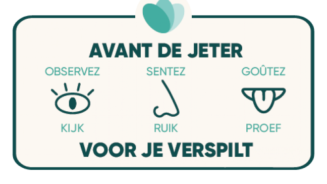 Het ‘kijk, ruik, proef’-pictogram op de verpakking moet ervoor zorgen dat mensen eerst hun zintuigen gebruiken alvorens ze een product in de vuilnisbak gooien.