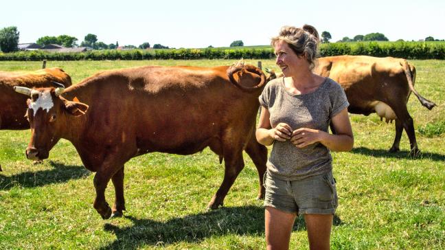 Fien Deschacht met haar West-Vlaamse rode koeien.