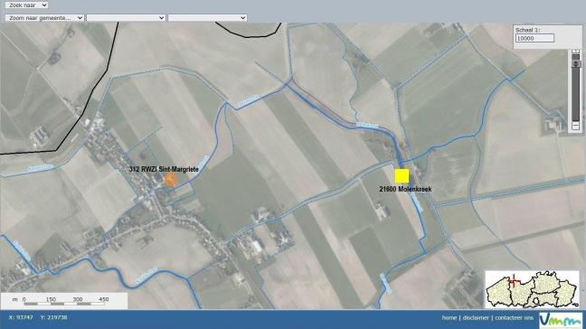 Geoview-locatie RZWI 312 Sint-Margriete en meetpunt 21600 Molenkreek.