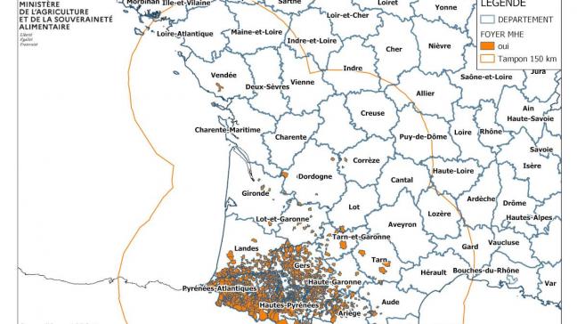 Verspreidingsgebied van de EHD in Frankrijk. De oranje lijn is de grens van de beschermingszone.