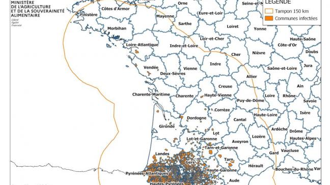 Verspreidingsgebied van de EHD in Frankrijk. De oranje lijn is de grens van de beschermingszone.