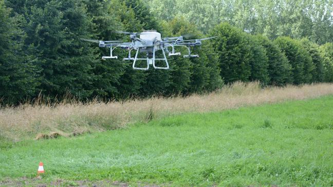 De drone die aan 40 kg zaaigoed per ha winterrogge inzaaide, was een primeur voor Vlaanderen.