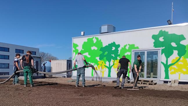 Het groendak combineert biodiversiteit met innovatieve technieken en is een goede leerschool voor de leerlingen.