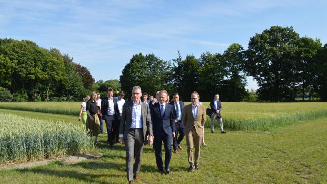 Joris Relaes van ILVO (vooraan) leidt Piotr Serafin en Ben Weyts langs enkele proefvelden.