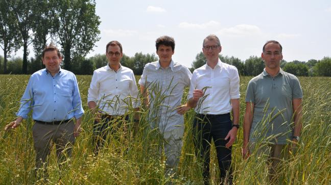 V.l.n.r.: De Vlaamse cd&v-parlementsleden Bart Dochy en Stijn De Roo, biolandbouwer Félix de Bousies en Joris Relaes en Koen Willekens (beiden van ILVO) op een tarweproefveld in Hansbeke.