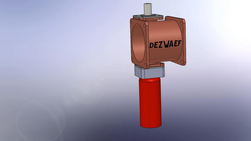 Een computertekening van de  nieuwe staalname-apparatuur van Dezwaef. Het rode onderdeel is het potje waar het staal in wordt  opgevangen.