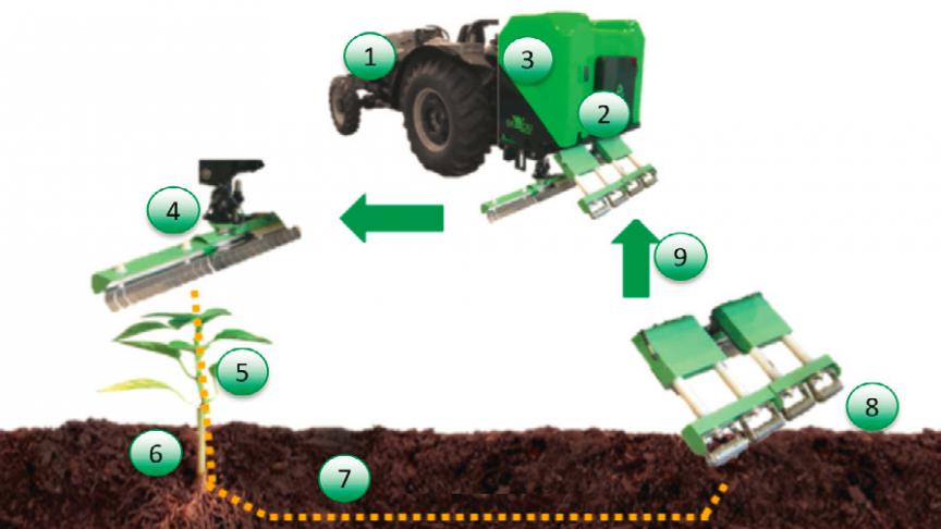 1) Mechanische energie 2) transformatie naar elektrische stroom 3) transformatie naar hoogfrequente elektriciteit met hoog voltage 4) elektrische applicator voor elke teelt 5) elektrische stroom gaat door steel 6) stroom gaat door de wortel 7) stroom gaat door de bodem 8) stroom wordt opgevangen door de aarding applicator 9) het elektrisch circuit wordt gesloten