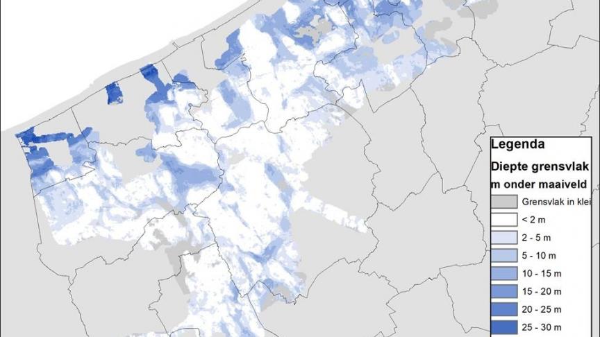 Verziltingskaart van het Westelijke kustgebied, met de diepte van het grensvlak tussen zoet en zilt grondwater. Voor dit gebied in de Westhoek wordt als eerste onderzocht welke maatregelen kunnen genomen worden om na te gaan wat de mogelijkheden zijn voor kreekruginfiltratie en de andere maatregelen.