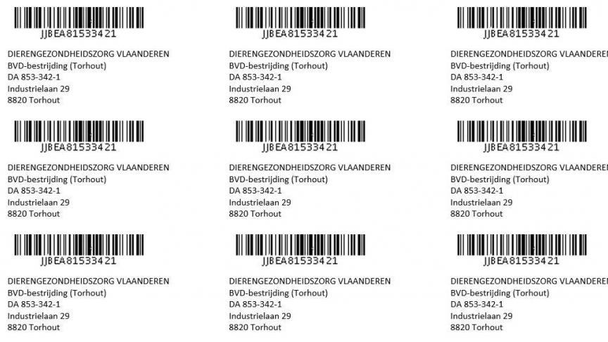 Let erop: de stickers met antwoordcode zijn enkel bestemd voor de verzending van BVD-oorweefselsmonsters binnen het BVD-programma.