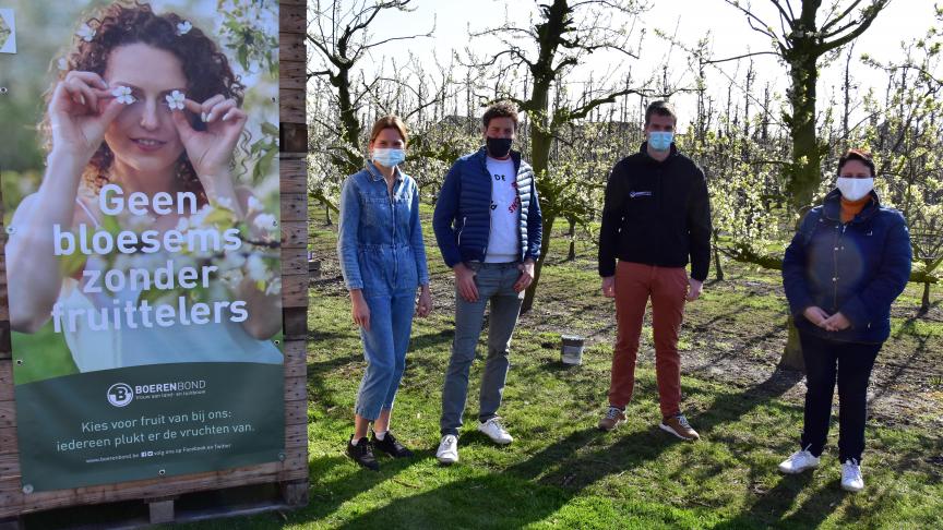 ‘Geen bloesems zonder fruittelers’, met van links naar rechts de fruittelers Emmy Gruyaert, Christophe Demyttenaere, Joris Dewinter (Boerenbond) en landbouwschepen Ann Degroote.