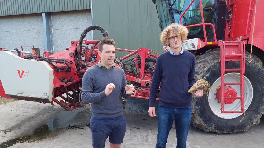 Suikerbietteler Philippe Avemaete (l) en Erwin Boonen, directeur grondstoffen bij de Tiense Suiker wijzen op de verduurzaming van de suikerbietenteelt bij de start van de 185ste campagne.