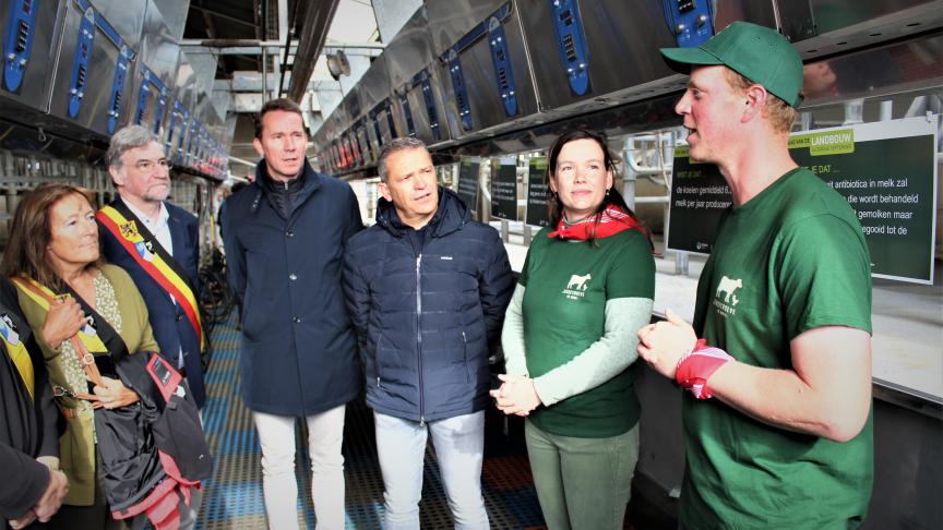 Boeren Bruno en Steffie (vanaf r.) leiden Boerenbond-voorzitter Lode Ceyssens, Landbouwminister Jo Brouns en de burgemeester en enkele schepenen van De Haan rond op hun Jerseyhoeve.