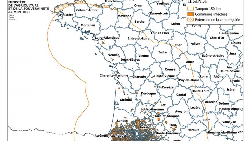 Verspreidingsgebied van EHD in Frankrijk. De oranje lijn is de grens van de beschermingszone.