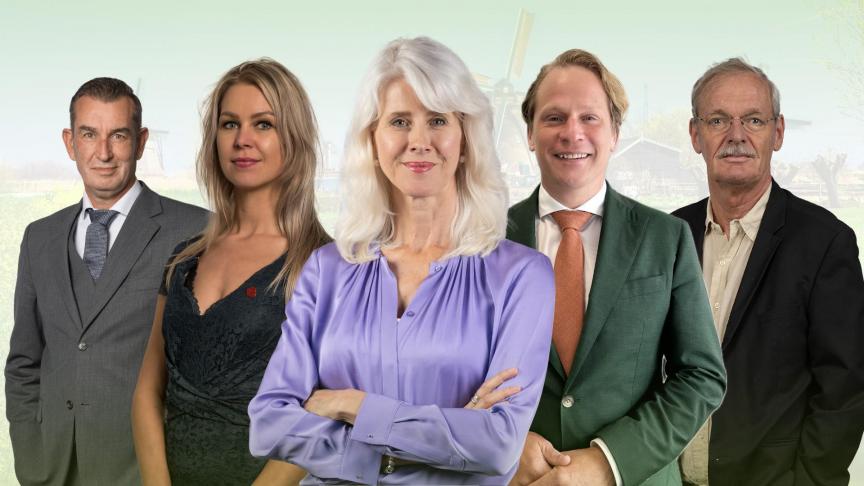 De ministers en staatssecretarissen van de BBB in de Nederlandse regering met vanaf links: Eddie Van Marum, Femke Wiersma, Mona Keijzer, Gijs Tuinman en Jean Rummenie.