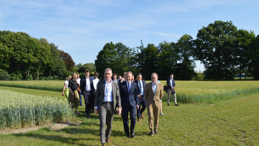 Joris Relaes van ILVO (vooraan) leidt Piotr Serafin en Ben Weyts langs enkele proefvelden.