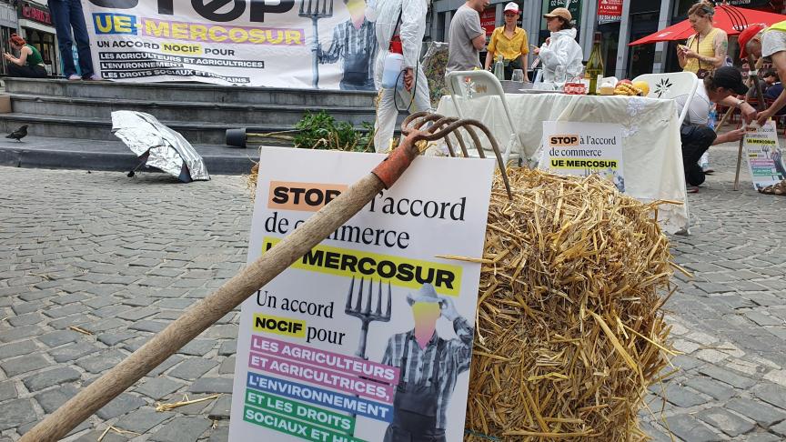 Aan het Europees Parlement in Brussel hebben vakbonden en ngo's op 24 juni betoogd tegen het vrijhandelsakkoord tussen de Europese Unie en het Zuid-Amerikaanse handelsblok Mercosur.