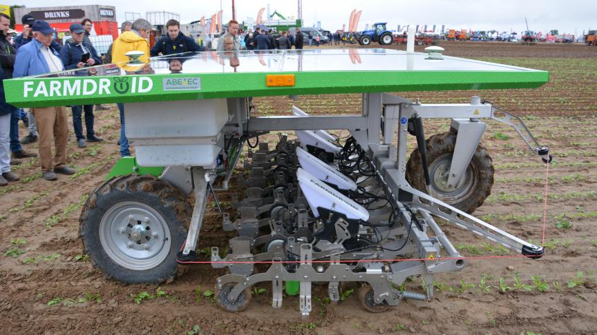 De volledig autonome Farmdroid schoffelde mooi in de rij tussen de enkele weken voordien gezaaide bieten.