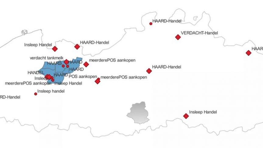 Deze figuur toont de nieuwe gevallen van IBR in Vlaanderen sinds 17 oktober. Legende: ruitjes = nieuwe (verdachte) gevallen, bolletjes = gevallen sinds eind augustus.